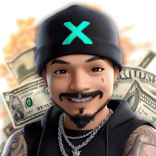 a man wearing a beanie with a blue x on it