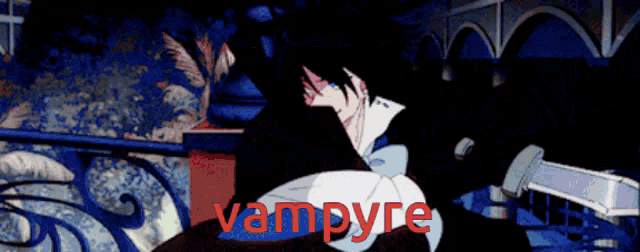 a picture of a vampire holding a sword with the word vampire in red letters
