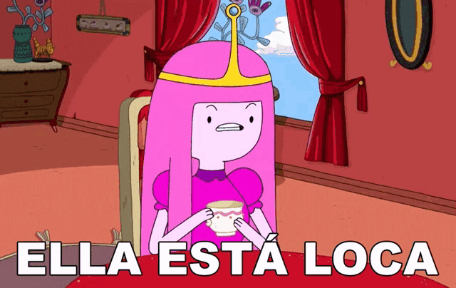 princess bubblegum from adventure time is sitting in a chair with a cup of tea