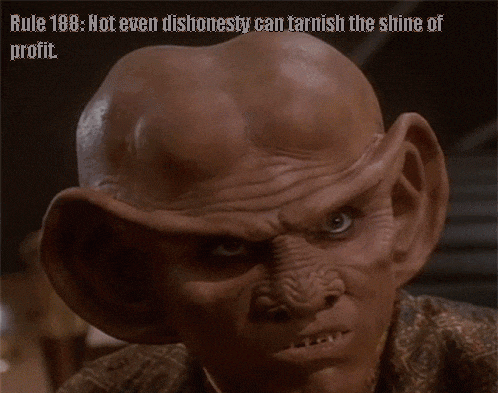 a picture of a monster with a caption that says rule 188 " not even dishonesty can tarnish the shine of profit "