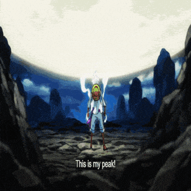 a cartoon character says " this is my peak " in front of a huge white object