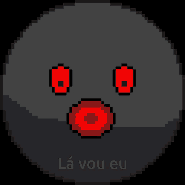 a pixel art of a black object with two red eyes and the words la vou eu below it