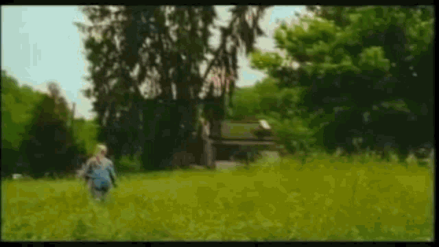a person is walking through a grassy field with trees in the background .