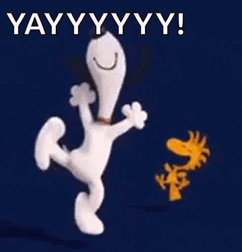 snoopy and woodstock are dancing together with the words yayyyyyy written above them