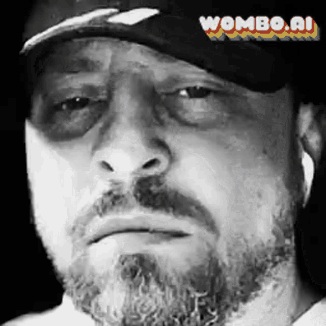 a black and white photo of a man with a beard wearing a wombo.ai hat .