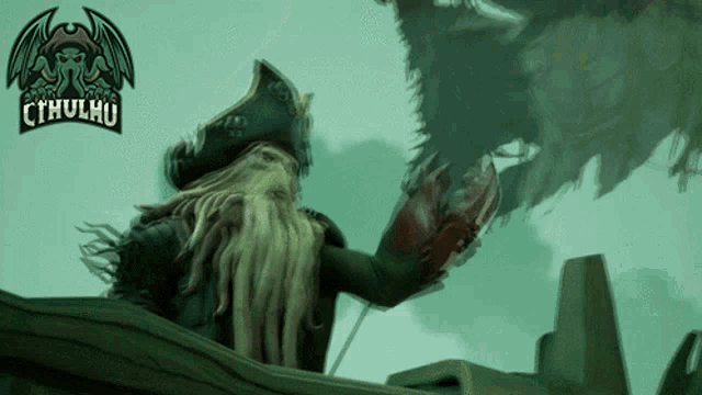 a cthulhu logo with a pirate on the left