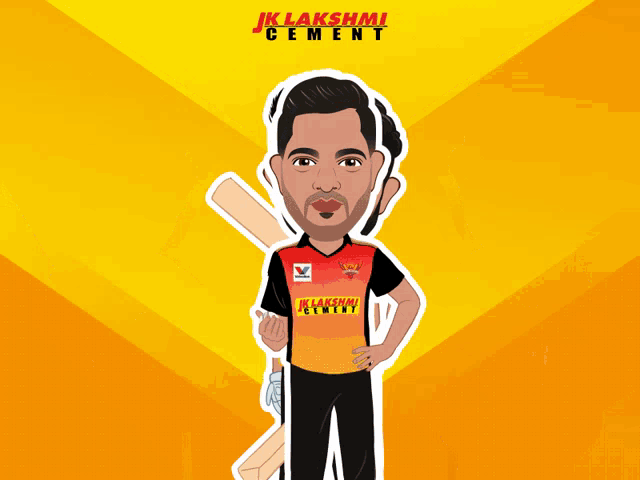 a cartoon of a man holding a cricket bat with jk lakshmi cement written on the bottom