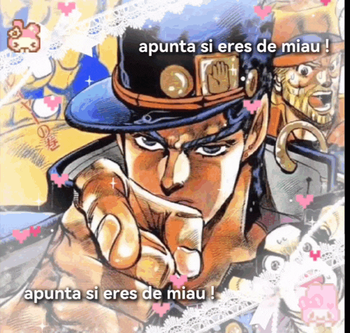 a cartoon of a man pointing with the words apunta si eres de miau