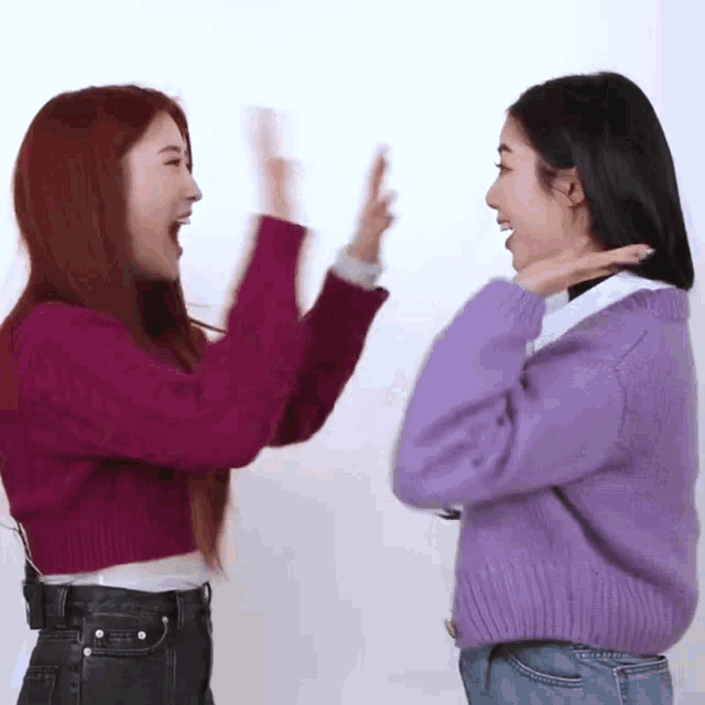 two girls are giving each other a high five while wearing purple sweaters