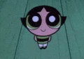buttercup from the powerpuff girls is sitting on a wooden floor with her eyes closed .