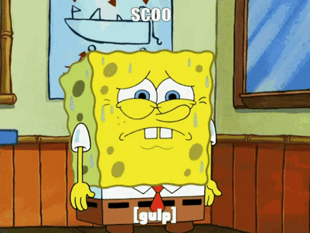 a cartoon of spongebob saying scoo [ gulp ] in a room