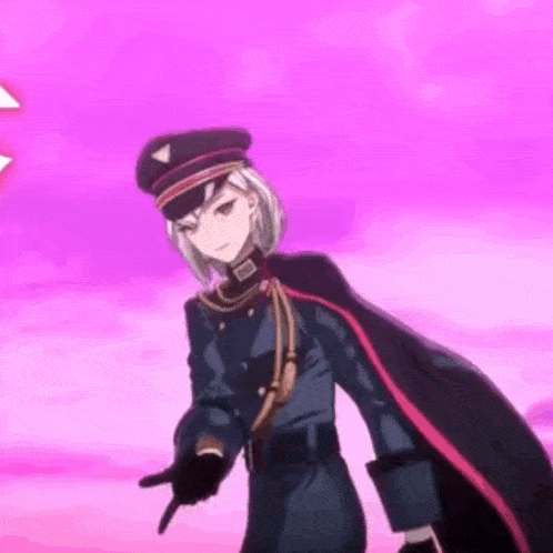 a woman in a military uniform is standing in front of a pink background and pointing at something .