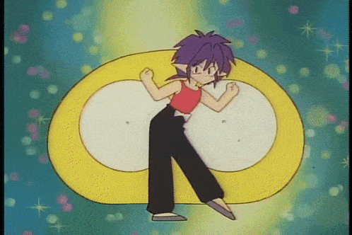 a cartoon character with purple hair is standing in front of a large yellow circle