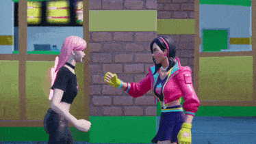 a girl in a pink jacket with a t on it shakes hands with another girl