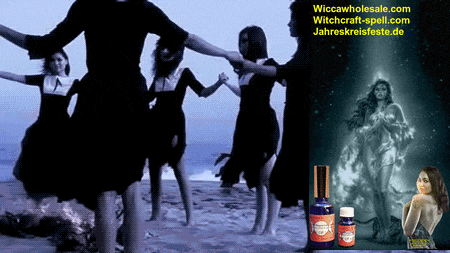 a group of women dancing on a beach next to a bottle of witchcraft-spell.com