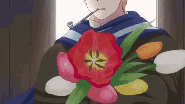 a man with a pipe in his mouth is holding flowers