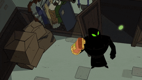 a cartoon character with green eyes is standing in a room