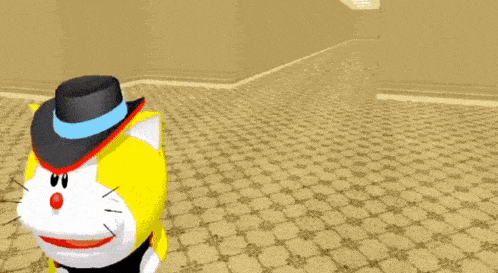 a yellow and white cartoon character wearing a black top hat and a red nose .