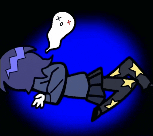 a cartoon drawing of a person laying down with a speech bubble that says x + o