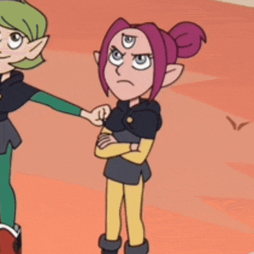 a cartoon girl with pink hair and three eyes is standing next to a green elf .