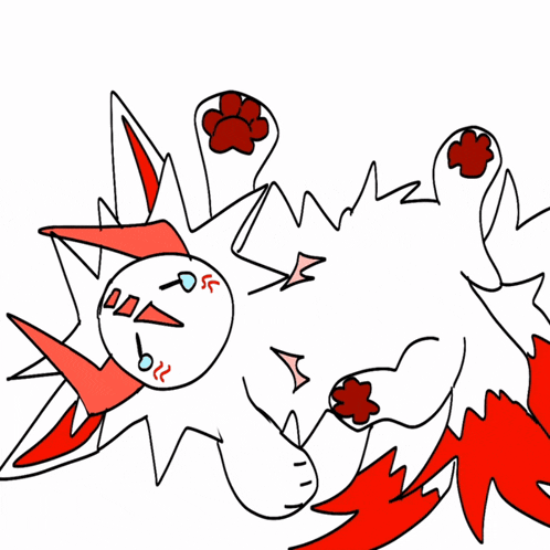 a cartoon drawing of a white and red animal with a red paw