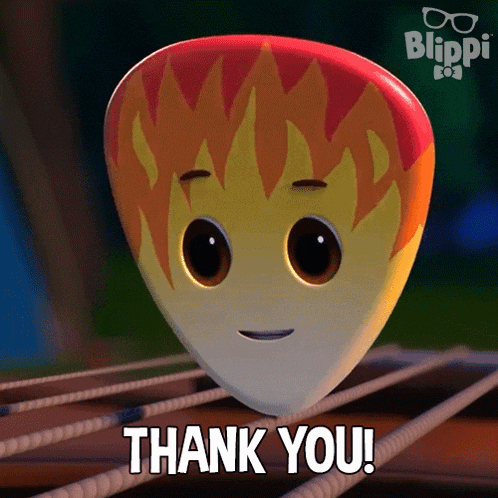 a cartoon guitar pick with flames on it is saying thank you