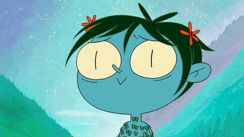 a cartoon character with green hair and yellow eyes has a flower in her hair