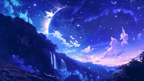 a painting of a night sky with a crescent moon
