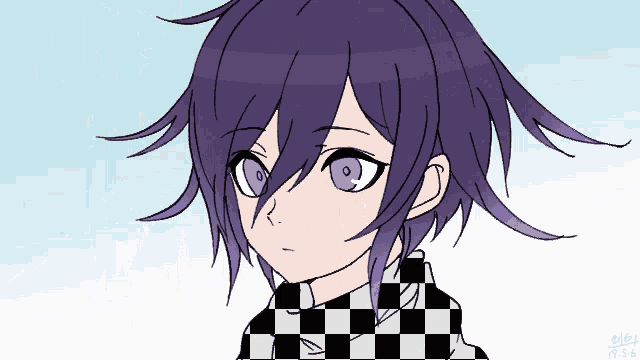 a drawing of a boy with purple hair and a checkered scarf