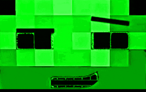 a close up of a green minecraft character 's face with a black background .