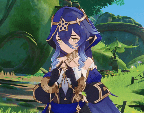 a blue haired anime character with a star on her head