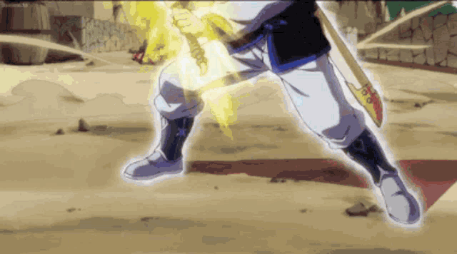 a man is holding a sword in his hand in a video game while standing in the dirt .