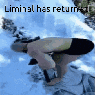 a man is kneeling down in the snow with the words liminal has returned above him