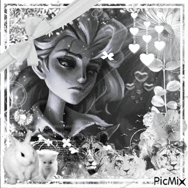 a black and white photo of a girl with a rabbit and a lion with the picmix watermark