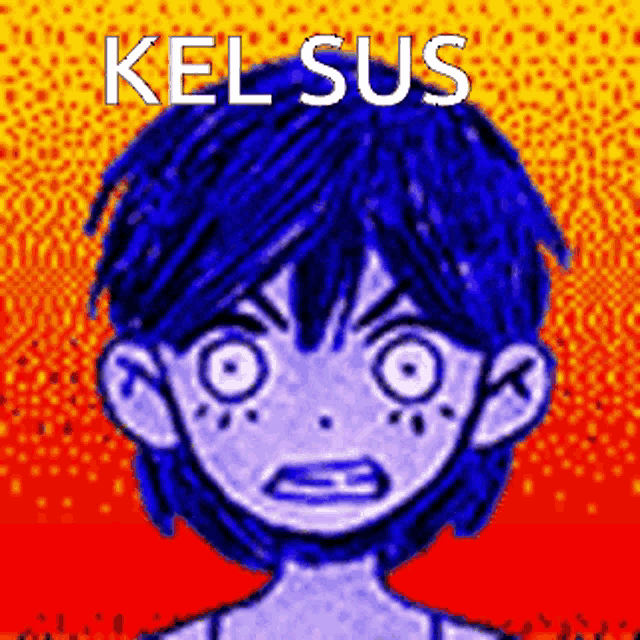 a pixel art drawing of a boy with blue hair and the words kel sus written on it .
