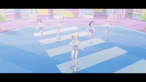 a group of girls are dancing on a blue and white striped floor