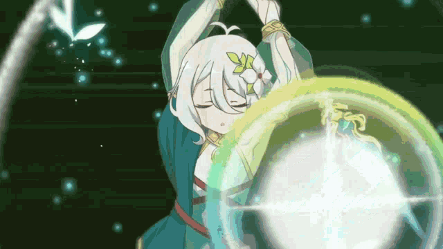 a girl with white hair and a flower on her head is holding a sword in her hands .