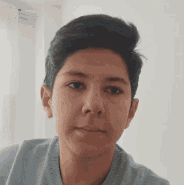 a young boy with short hair is wearing a blue sweater and taking a selfie .