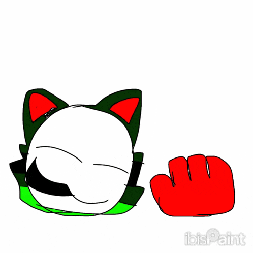 a drawing of a cat with red ears and a red hand