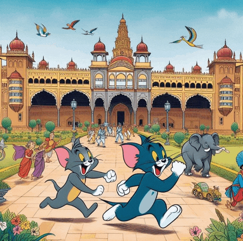 tom and jerry are running in front of a large building