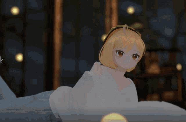a computer generated image of a girl laying down with a lantern in the background