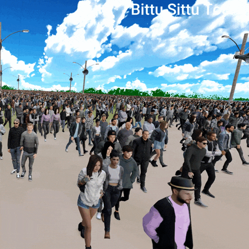a large crowd of people walking with the words bittu sittu written on the top