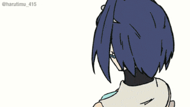 a drawing of a girl with blue hair and green nails has the number 415 on the bottom