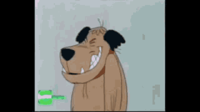 a cartoon dog is smiling with a green arrow pointing to it