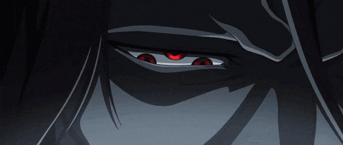 a man with long black hair and red eyes