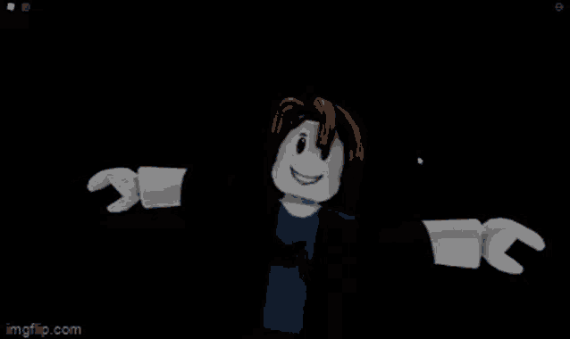 a roblox character is standing in the dark with his arms outstretched and a smile on his face .