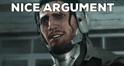 a man wearing a helmet says nice argument