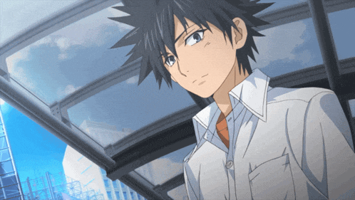 a boy with black hair and a white shirt stands under a roof
