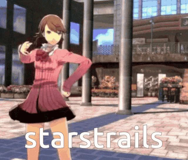 a girl in a pink dress is dancing with the words starstrails written below her