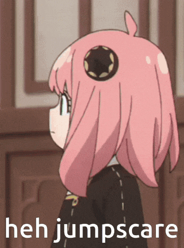 a cartoon girl with pink hair and the words heh jumpscare on the bottom